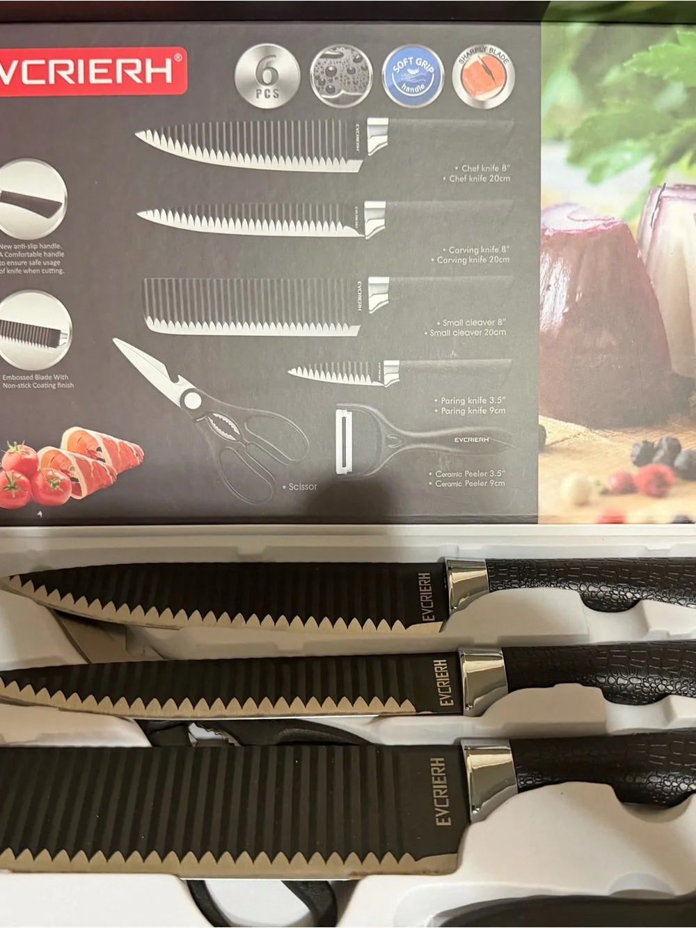 EYCRIERH 6-Piece Black Serrated Knife Set